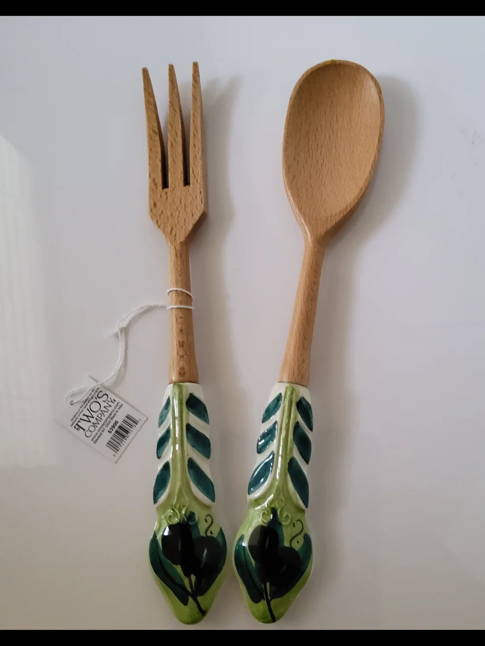 Two's Company Green Hand-Painted Ceramic Handle Wooden Serving Spoon & Fork